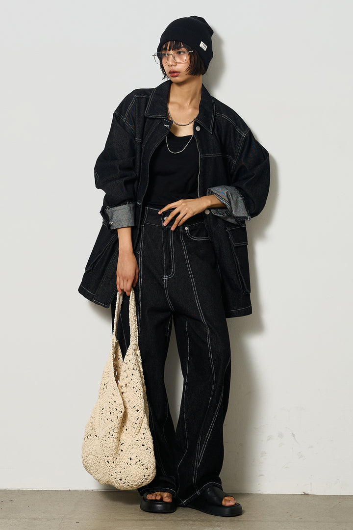 【即納】ステッチデザインデニムジップジャケット