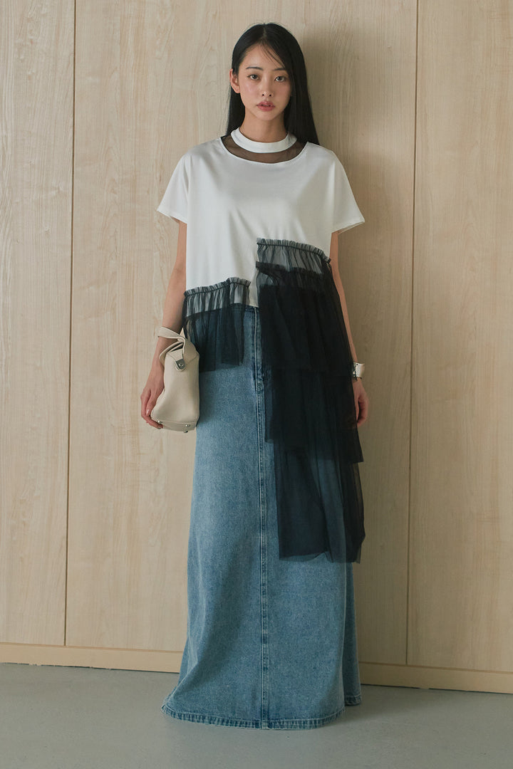 [SET]アシンメトリーチュールフリルTシャツ+デニムロングフレアスカート(2set)
