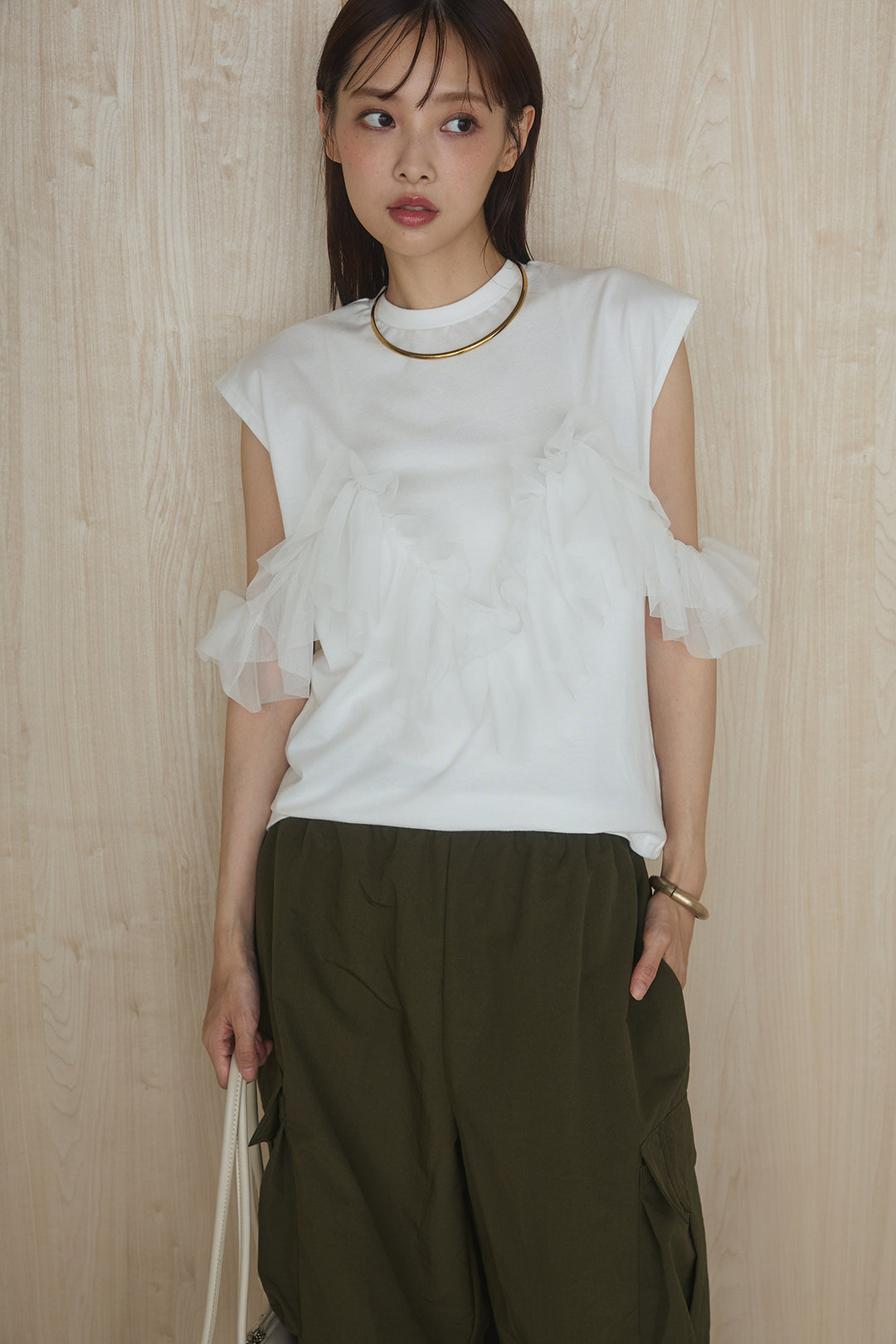 [SET]チュールフリルフレンチTシャツ+ルーズカーゴワイドパンツ(2set)