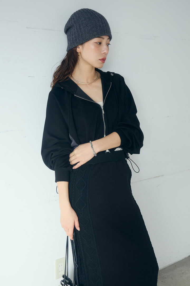 [SET]ドルマンショートフーディー+異素材ドッキングケーブルニットスカート(2set)