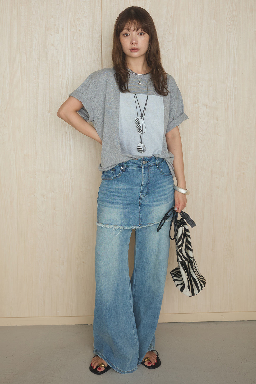[SET]フロントモチーフプリントビッグTシャツ+スカートドッキングデニム(2set)