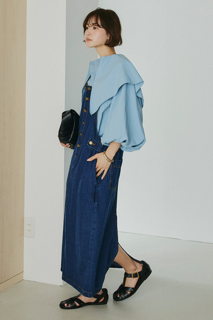 [SET]ケープカラーナイロンブラウス+配色ショルダーデニムサロペットスカート(2set)