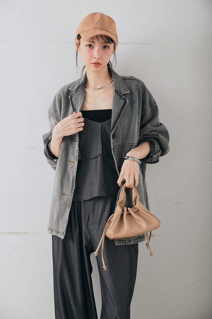 [SET]オーバーデニムジャケット+デニムライクツイルタックパンツ+デニムライクツイルティアードキャミソール(3set)