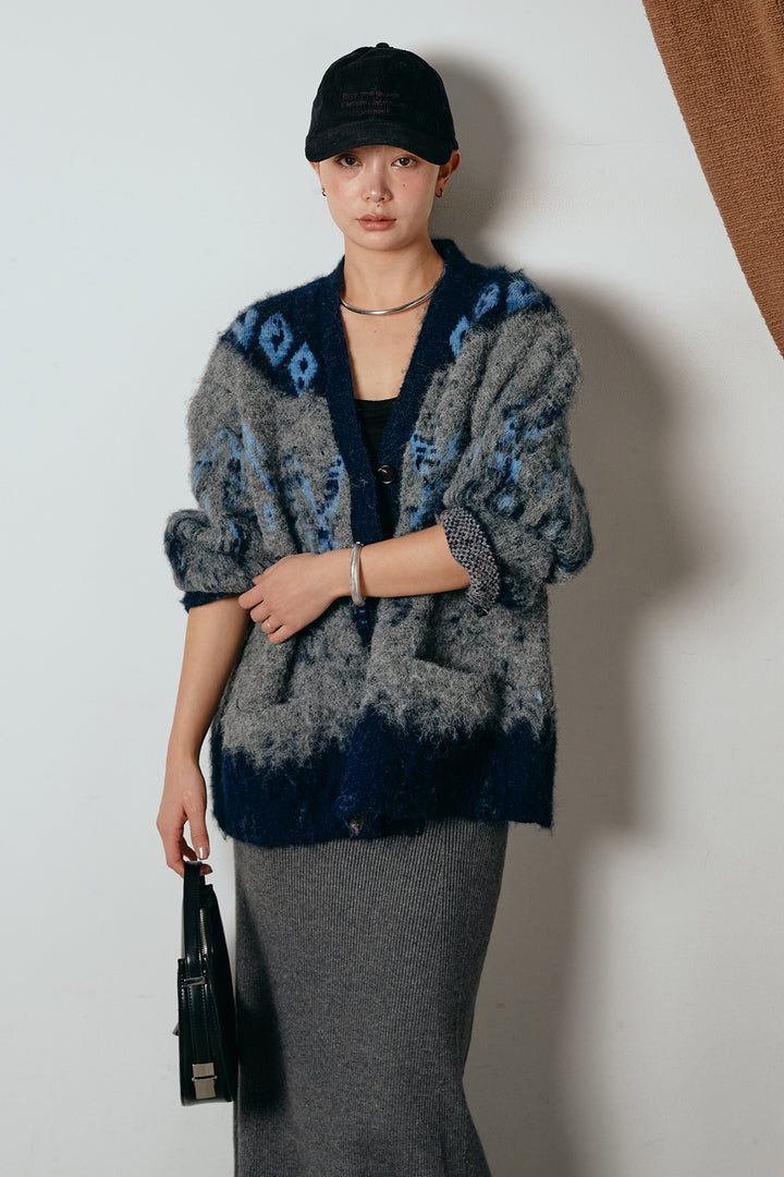 [SET]シャギーニュアンス柄ニットカーディガン+リブナローニットスカート(2set)