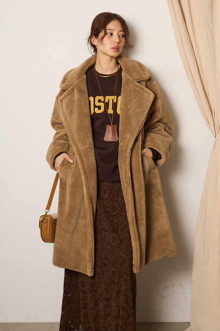 [SET]テディボアロングコート+ロゴデザインルーズスウェット+花柄刺繍ベロアフレアスカート(3set)