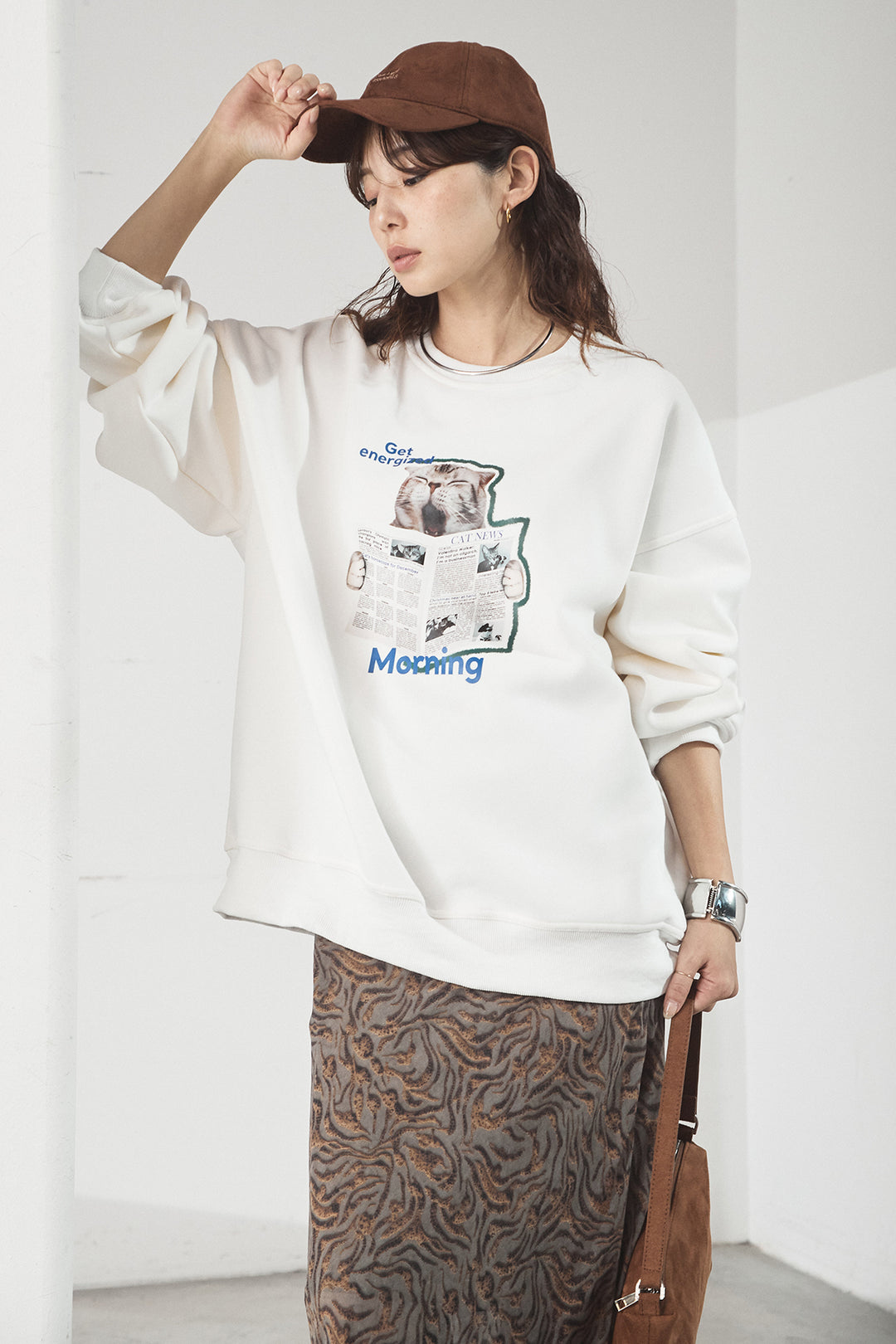 [SET]裏起毛モーニングキャットプリントスウェット+抽象柄ロングスカート(2set)