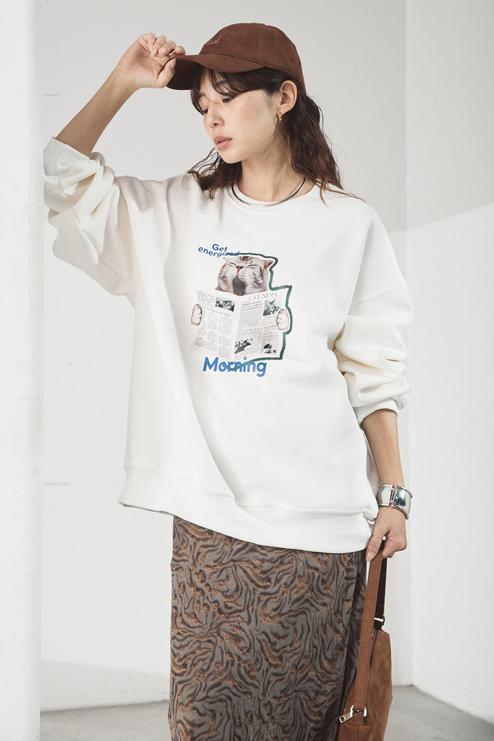 [SET]裏起毛モーニングキャットプリントスウェット+抽象柄ロングスカート(2set)