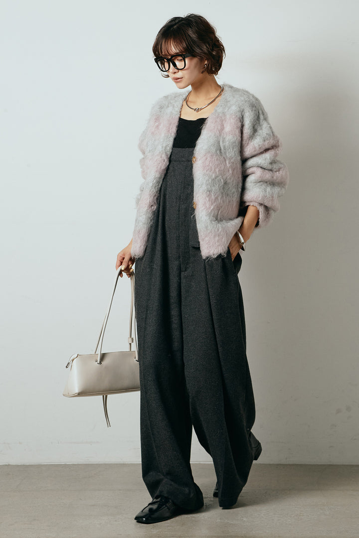 [SET]シャギーボーダー柄ニットカーディガン+ウール混フランネルワイドサロペット(2set)