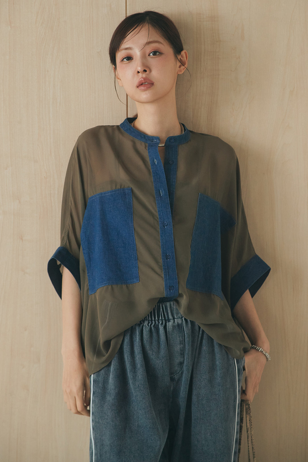 [SET]デニムライクビッグツーポケシアーシャツ+ドロストサイドラインデニムパンツ(2set)