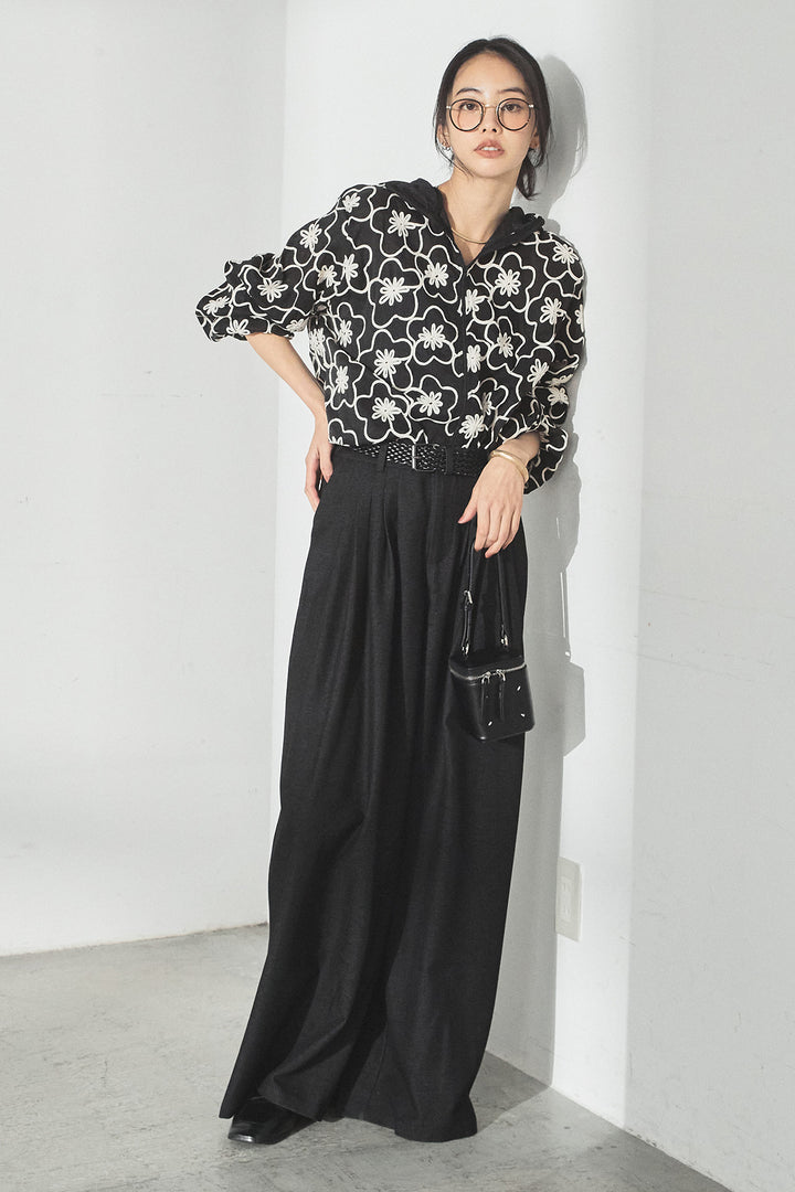 [SET]シアーフラワーフードブルゾン+編みベルト付きウエストタックワイドパンツ(2set)