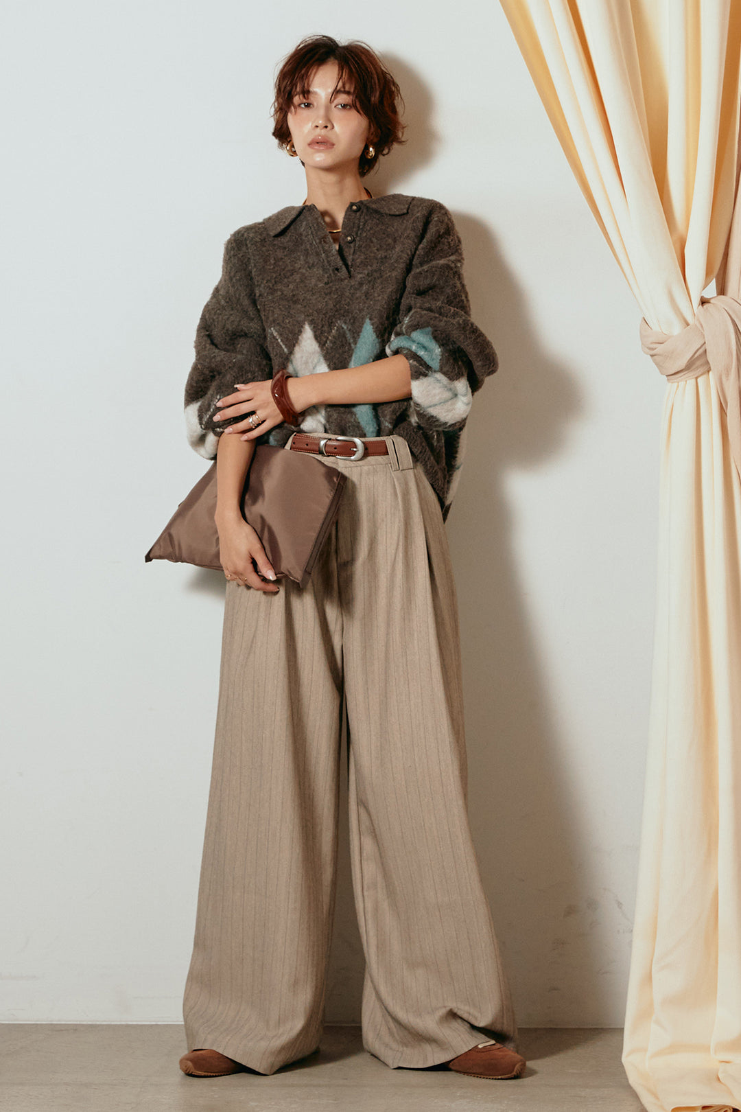 [SET]アーガイル柄ポロニットトップス+ストライプヘリンボーンパンツ(2set)