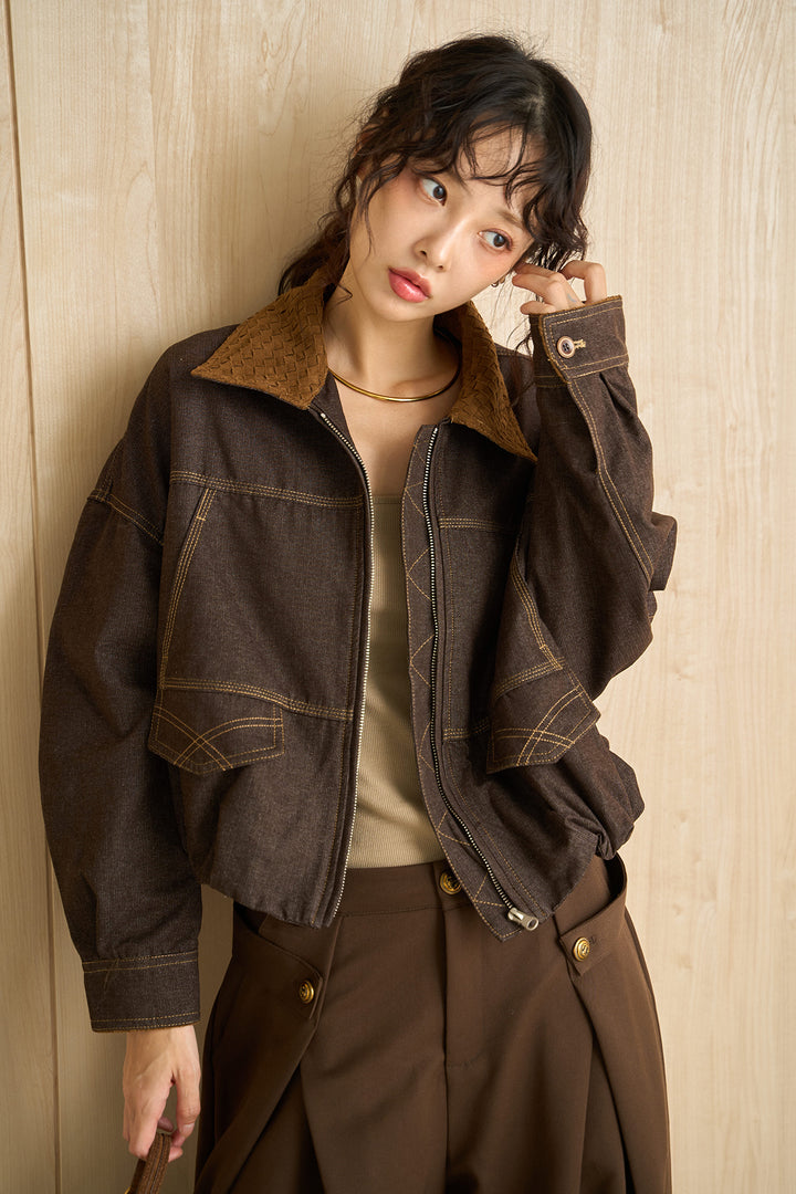 [SET]配色ステッチデニムバルーンブルゾン+サイドボタンタックバレルカーブパンツ(2set)