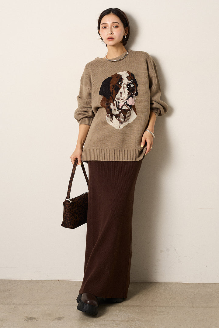 [SET]アニマルジャガード柄ニットトップス+リブナローニットスカート(2set)