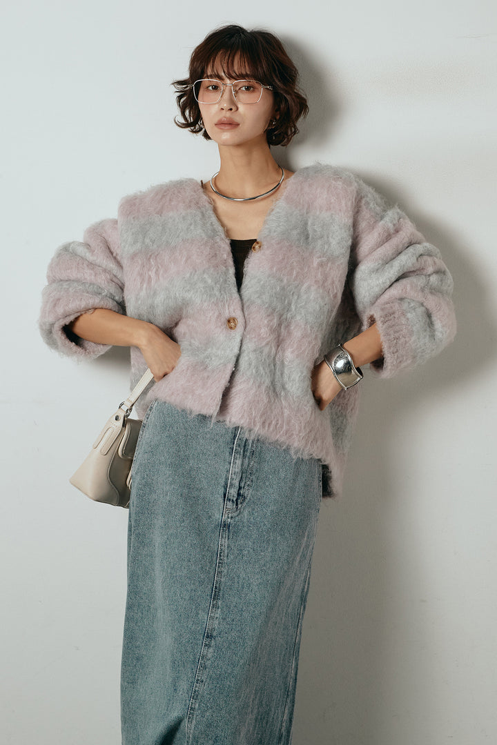 [SET]シャギーボーダー柄ニットカーディガン+デニムロングフレアスカート(2set)