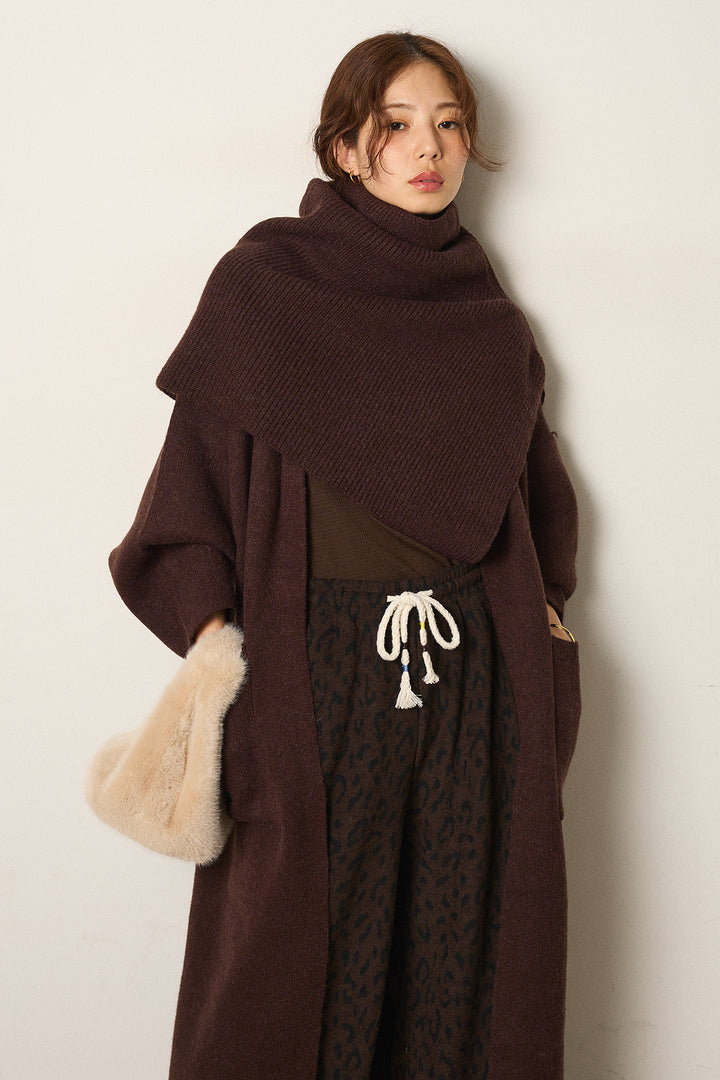 [SET]ケープレイヤードロングカーディガン+レオパードジャガードニットパンツ(2set)