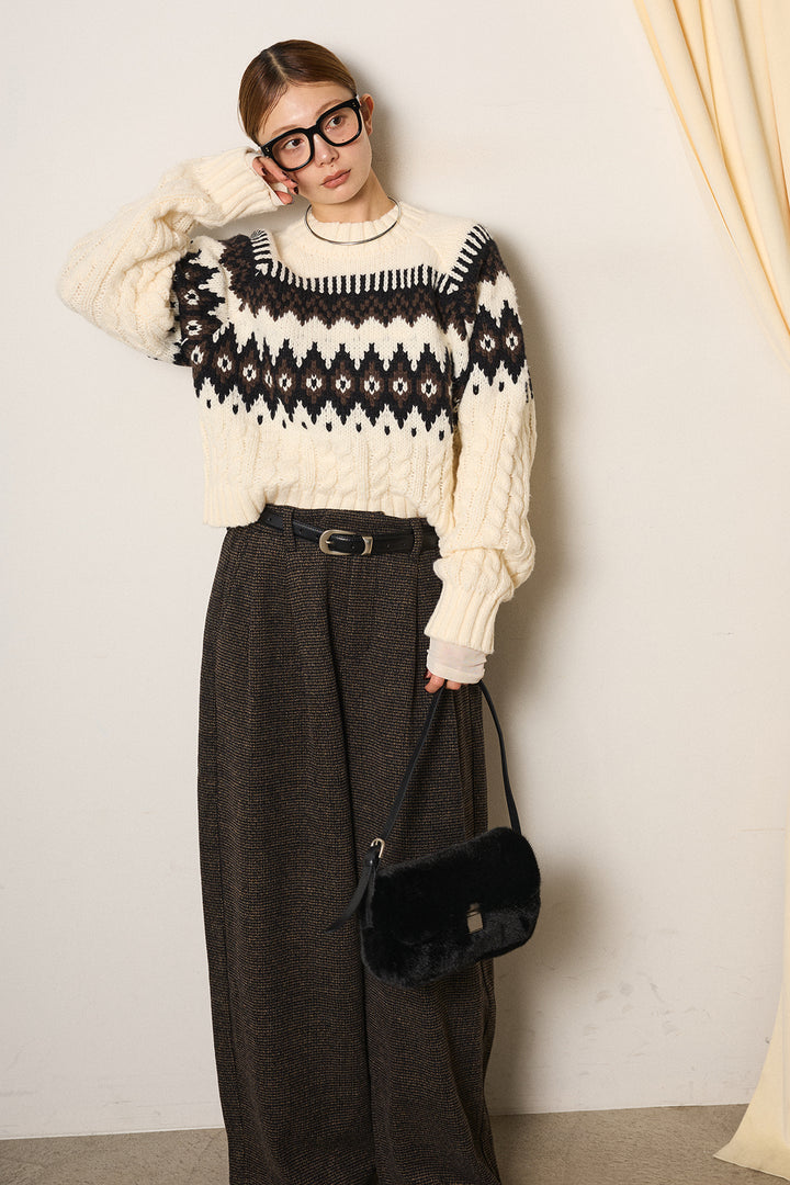 [SET]2WAY求心柄ジャガードショートカーディガン+起毛タック入りツイードワイドパンツ(2set)