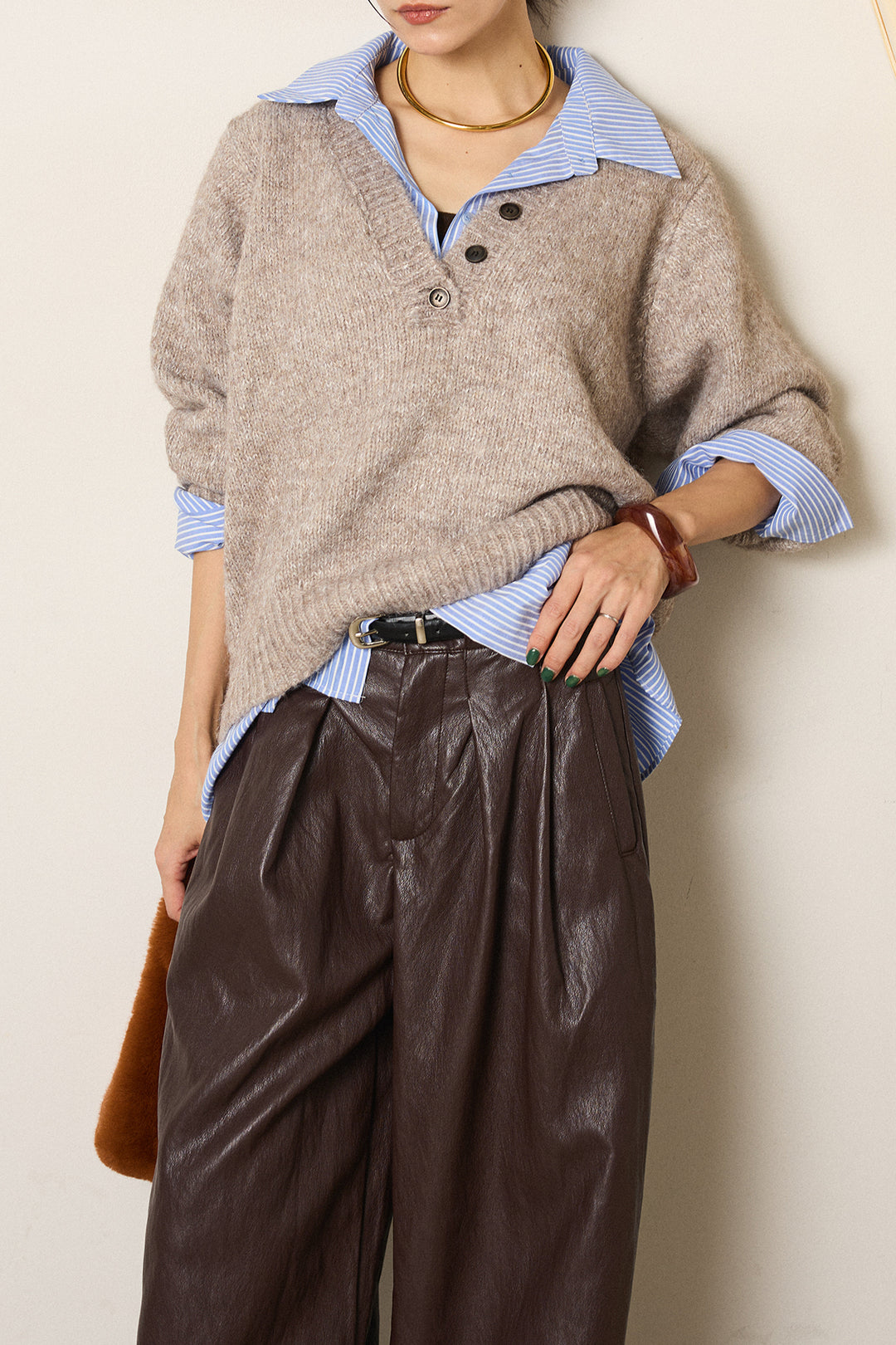 [SET]ストライプシャツドッキングニットポロトップス+ベルト付きレザーライクタックパンツ(2set)