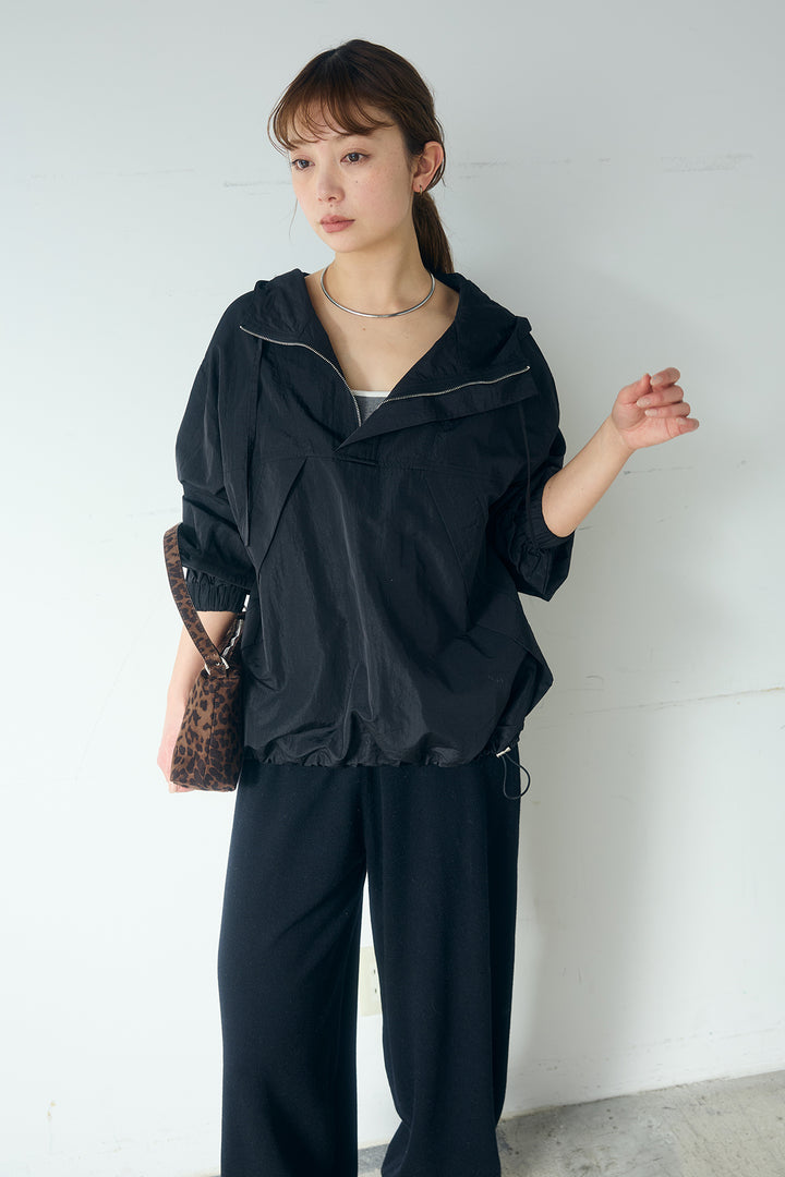 [SET]ナイロンフーディーブルゾンアウター+裾絞りリブニットパンツ(2set)