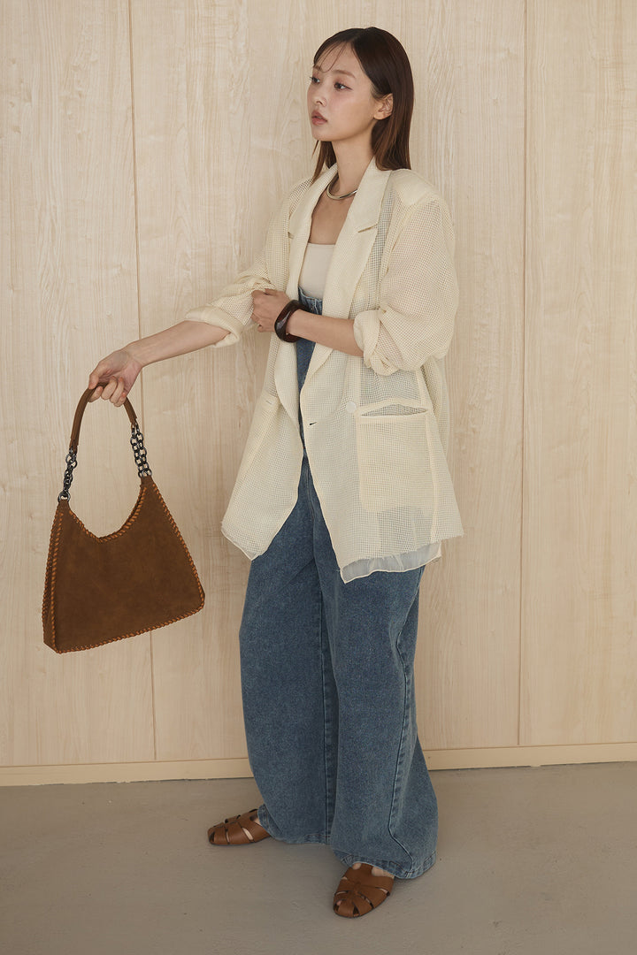 [SET]メッシュテーラードワイドジャケット+フロントボタンデニムサロペット(2set)