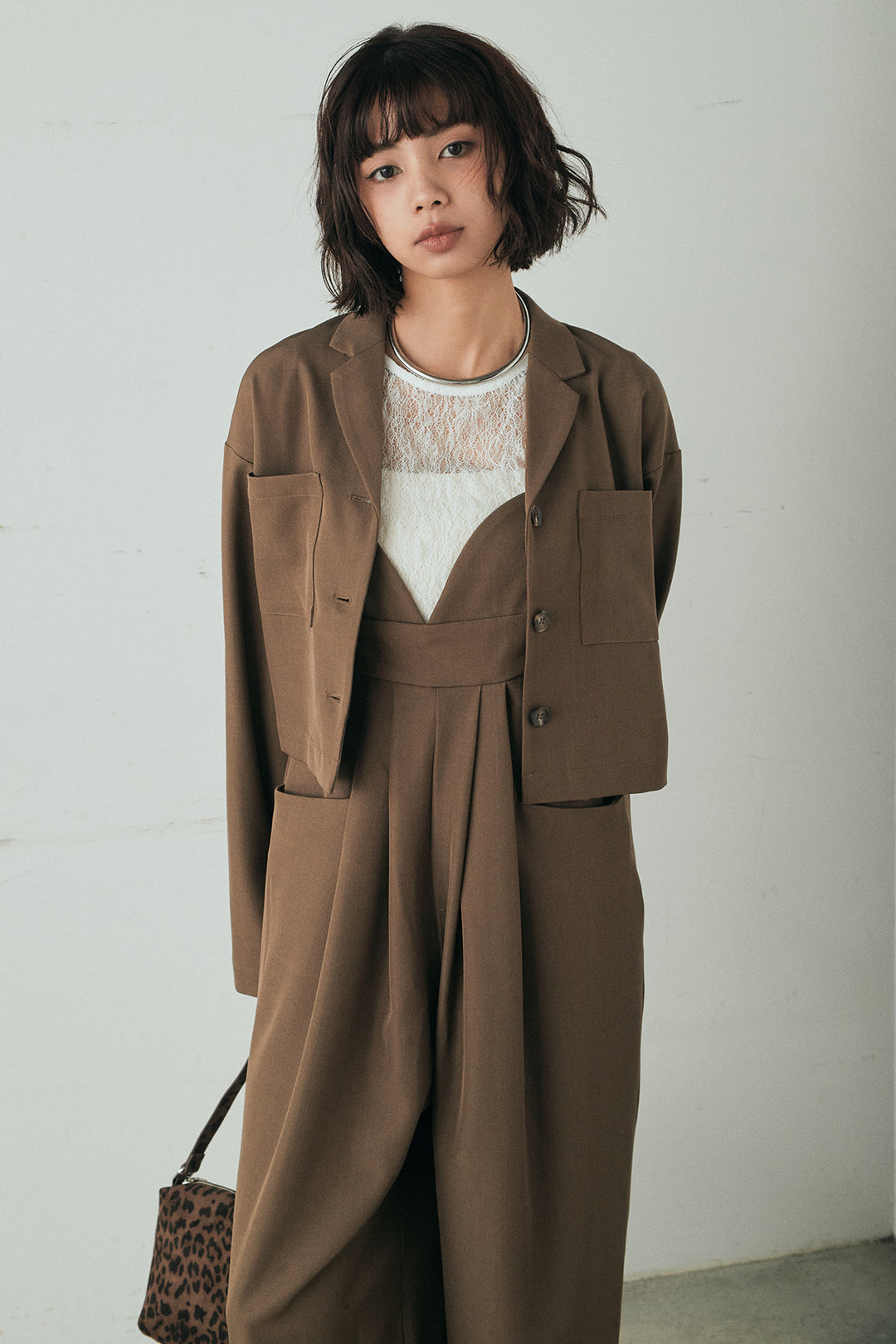 [SET]バックジップデザインショートツイルジャケット+キャミロングオールインワン(2set)