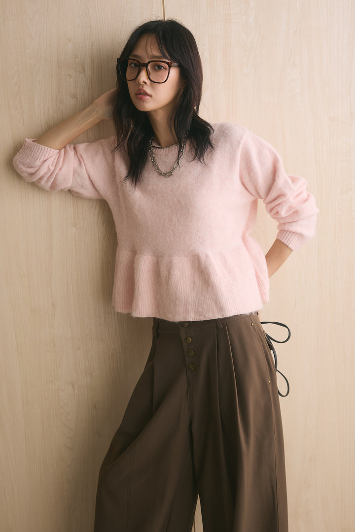 [SET]モヘアぺプラムクルーネックプルオーバー+ファイブボタンツータックワイドパンツ(2set)