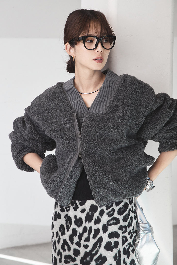 [SET]ノーカラーリブボアアウター+レオパードサテンナロースカート(2set)