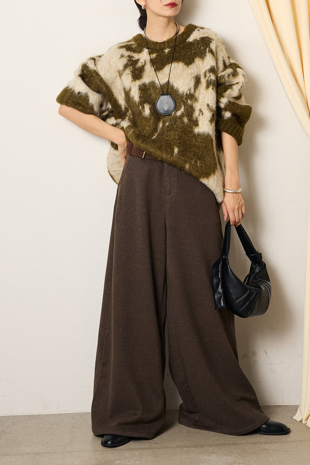 [SET]モヘアタッチマーブルニット+サイドベルトパンツ(2set)