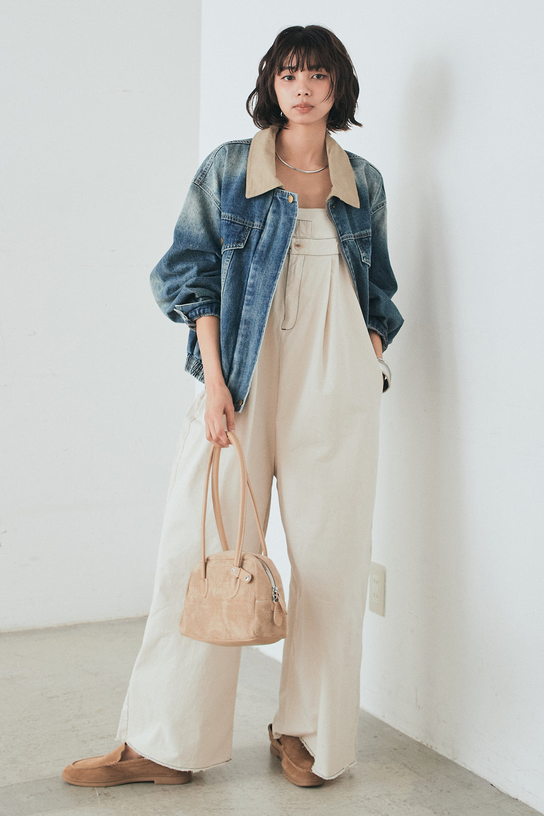 [SET]襟切り替えジップデニムジャケット+綿ツイルアシメサロペット(2set)