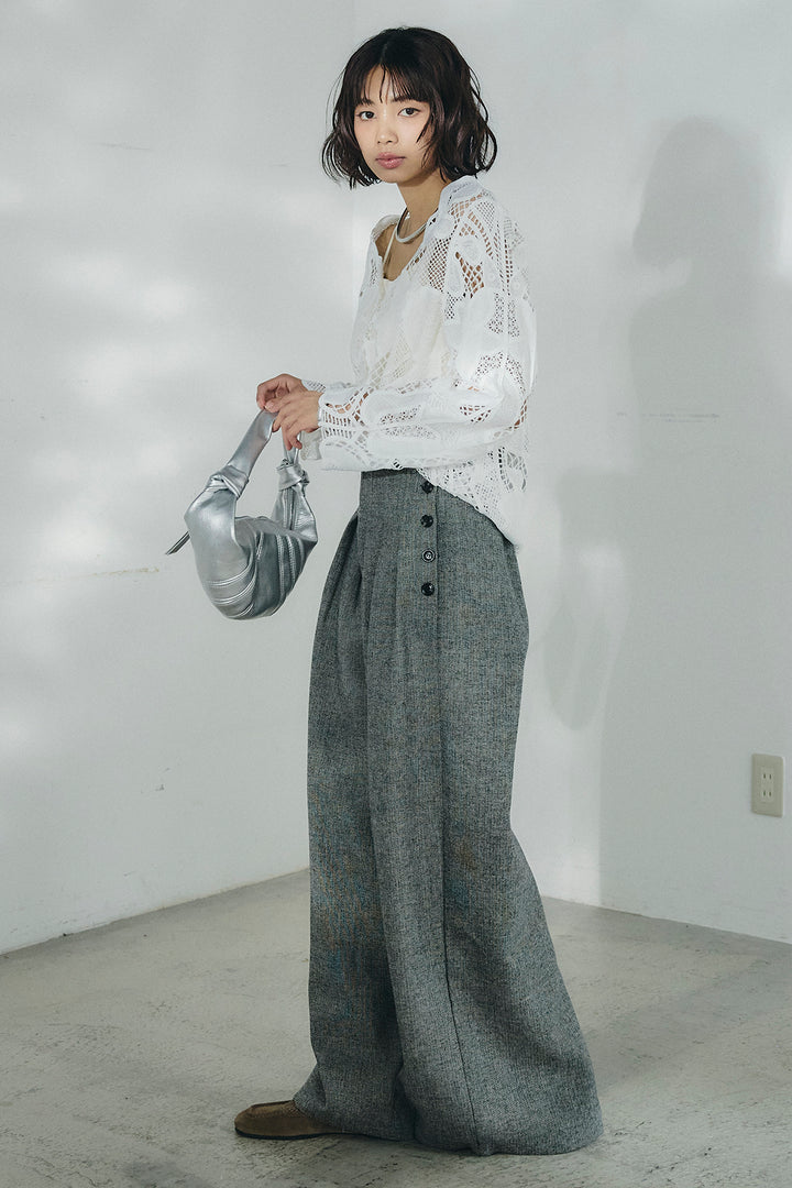 [SET]フラワー刺繍レースブラウス+サイドボタンツイードタックパンツ(2set)