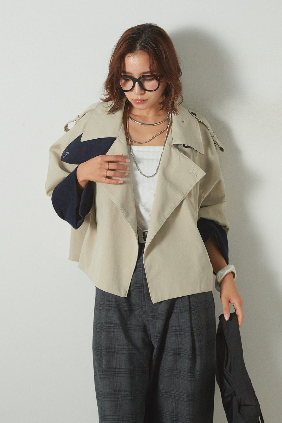 [SET]ハイネック配色ジャケット+フェイクレザーベルト付きタータンチェックパンツ(2set)
