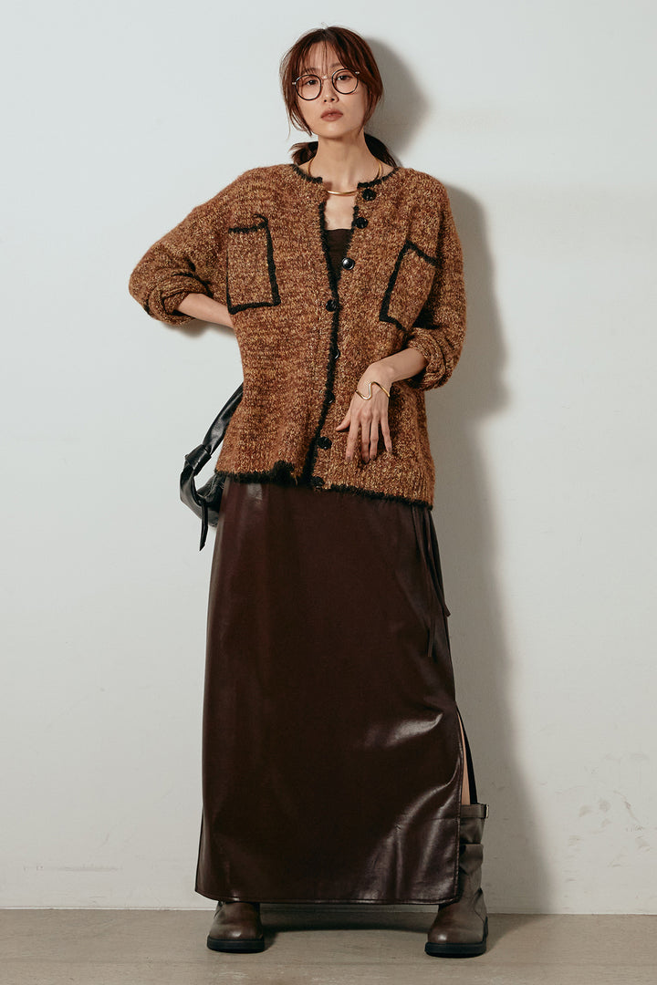 [SET]ミックスニットポケットカーディガン+紐付きフェイクレザーワイドスカート(2set)