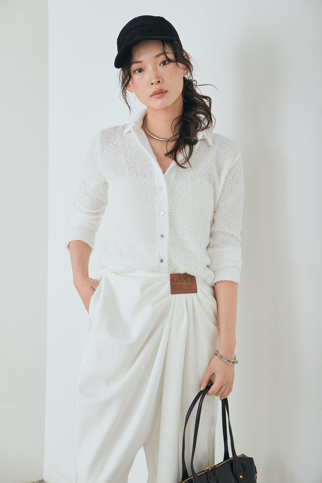 [SET]カールヤーンシャツ+ライトダンボールウェーブラインドレープパンツ(2set)