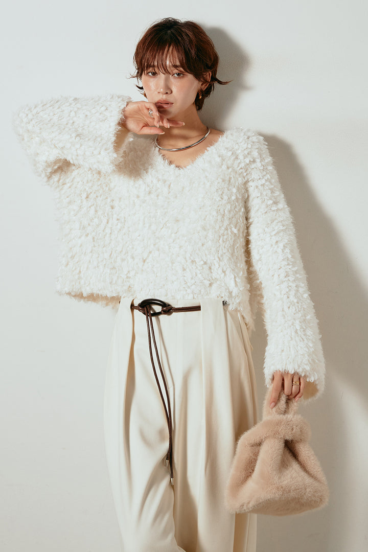 [SET]深Vネックチョウチョヤーンニットトップス+細フェイクレザーベルト付きワイドタックパンツ(2set)