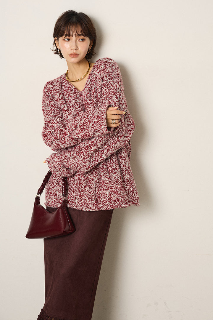 [SET]Vネックミックス編みニットトップス+スウェードライク裾フリンジスカート(2set)