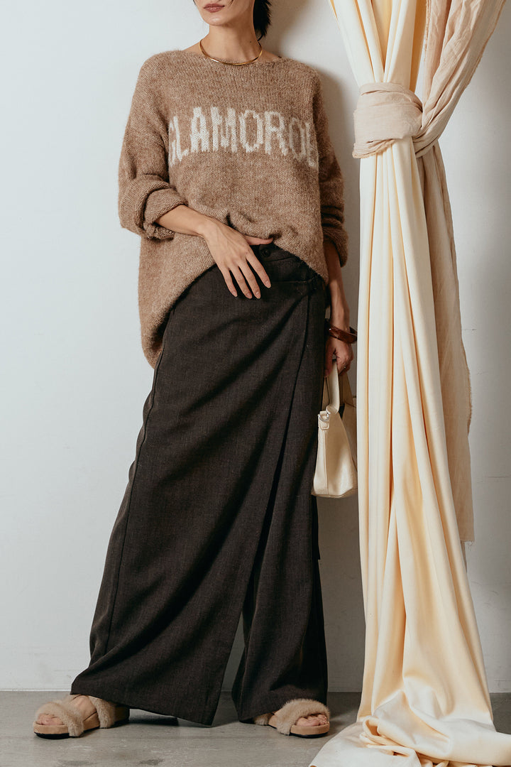 [SET]フロントロゴデザインニットトップス+ラップ巻きワイドスラックス(2set)