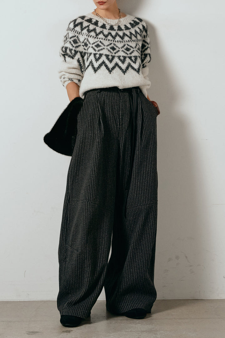 [SET]ノルディック柄Uネックプルオーバー+レザーライク配色ストライプパンツ(2set)