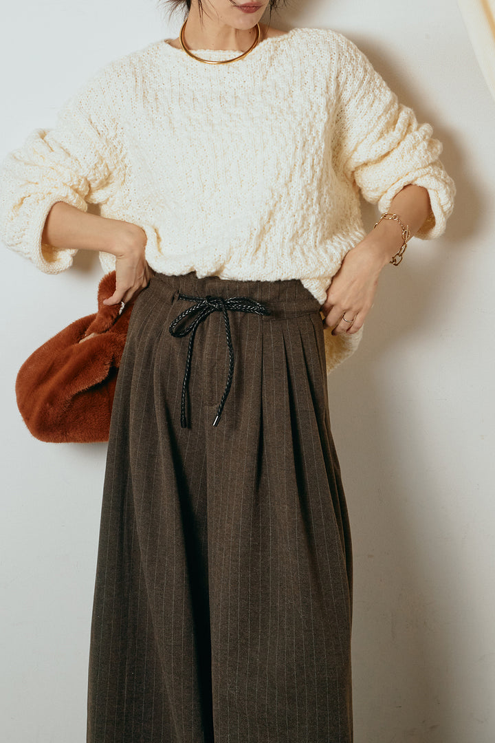 [SET]ボリューム編みニットプルオーバー+編みベルト付きピンストライプワイドパンツ(2set)