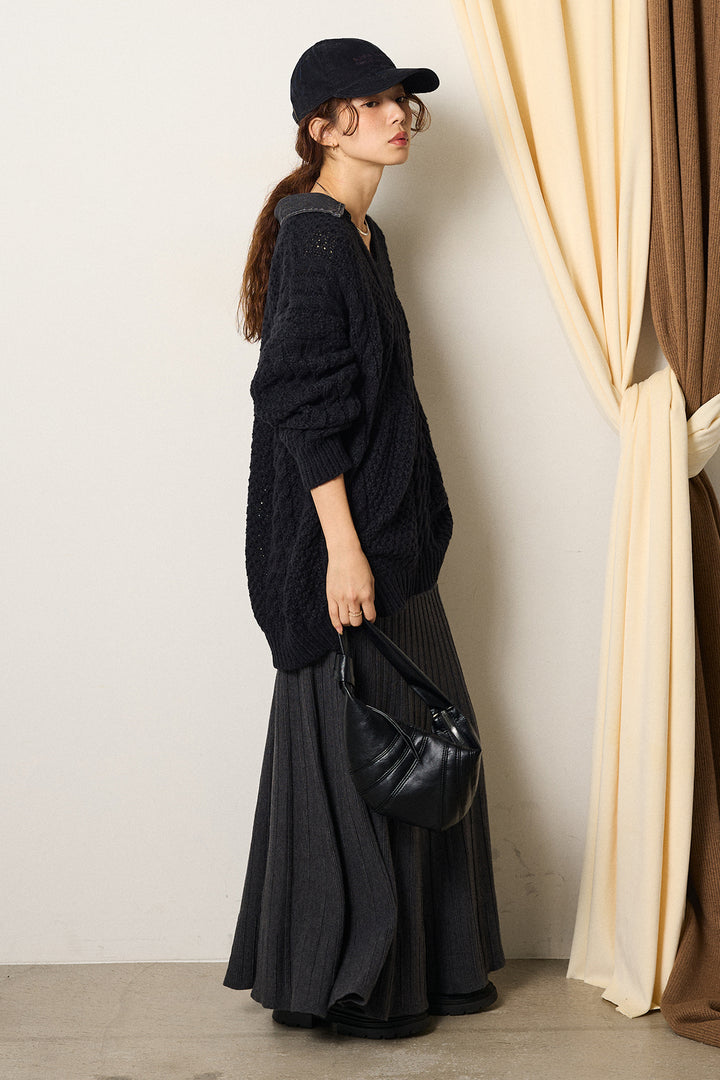 [SET]デニムカラーケーブルオーバーニット+編み地切り替えフレアニットスカート(2set)