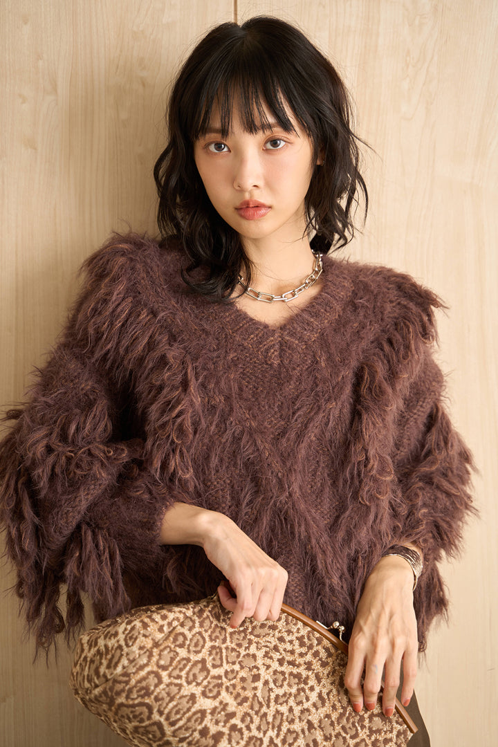 [SET]ランダムロングシャギーVネックニット+ナポレオンボタンデザインワイドパンツ(2set)