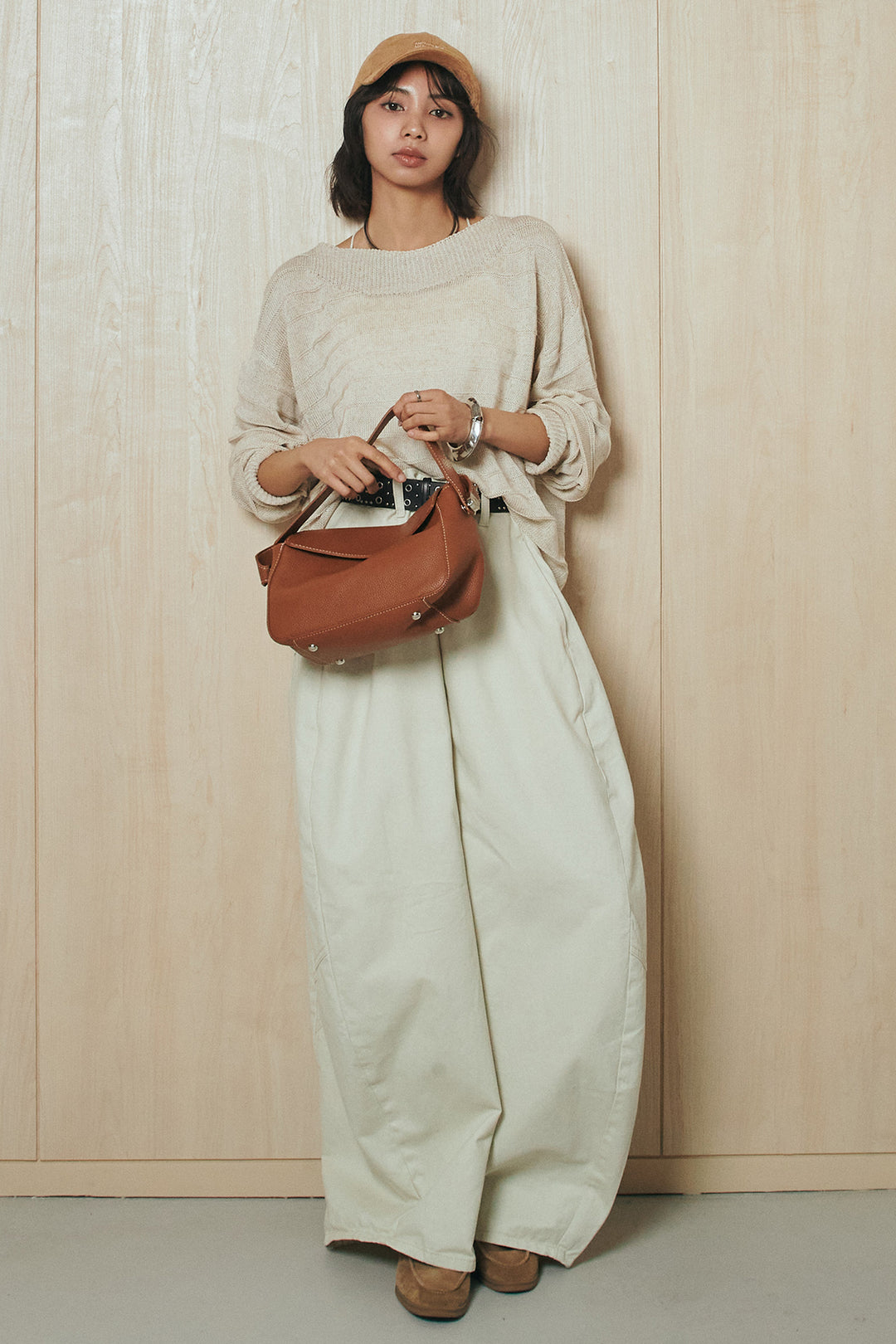 [SET]麻混リラックスニットトップス+ベルト付きカラーデニムパンツ(2set)