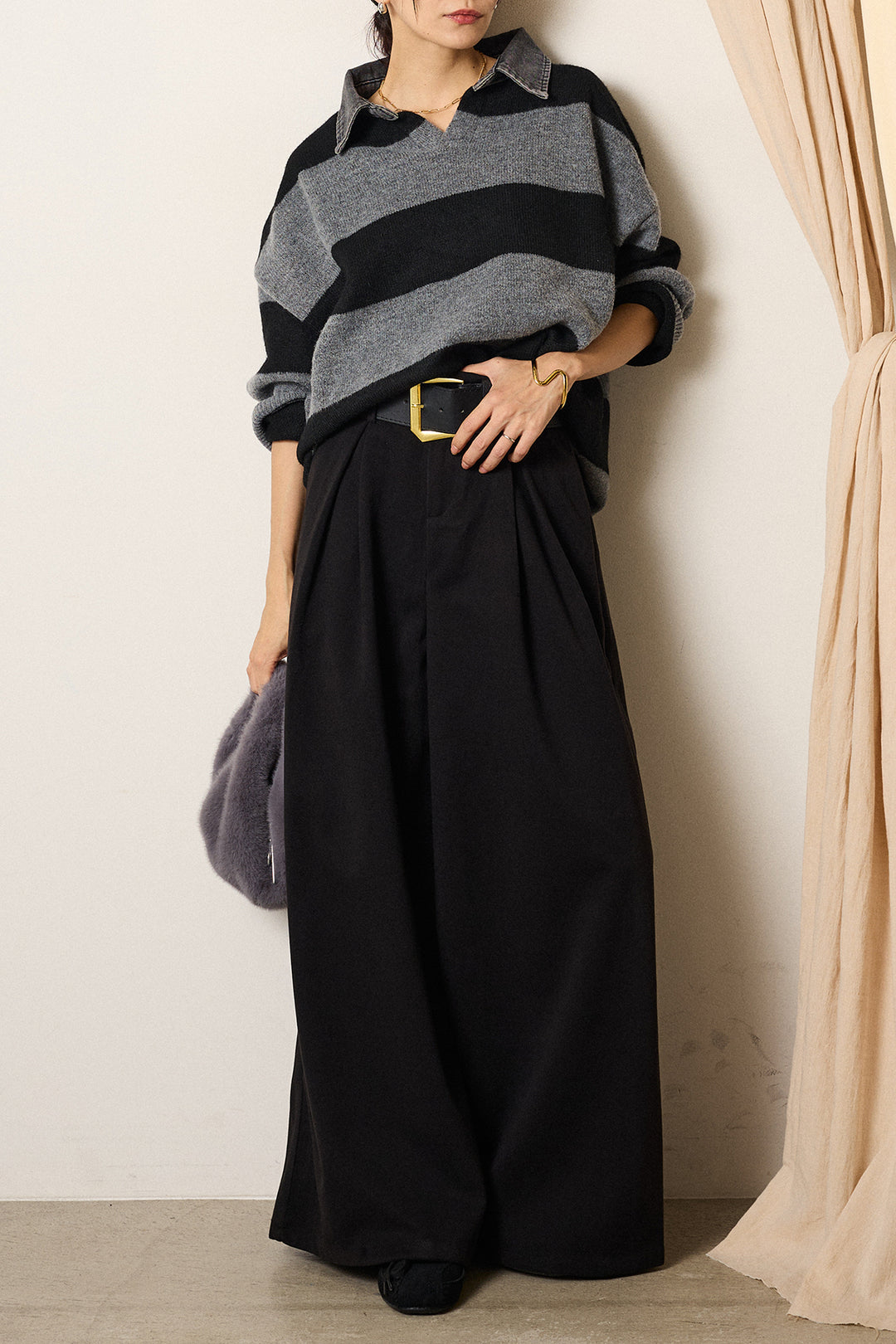[SET]デニムカラーボーダールーズニット+ゴールドバックル太ベルト付きワイドパンツ(2set)