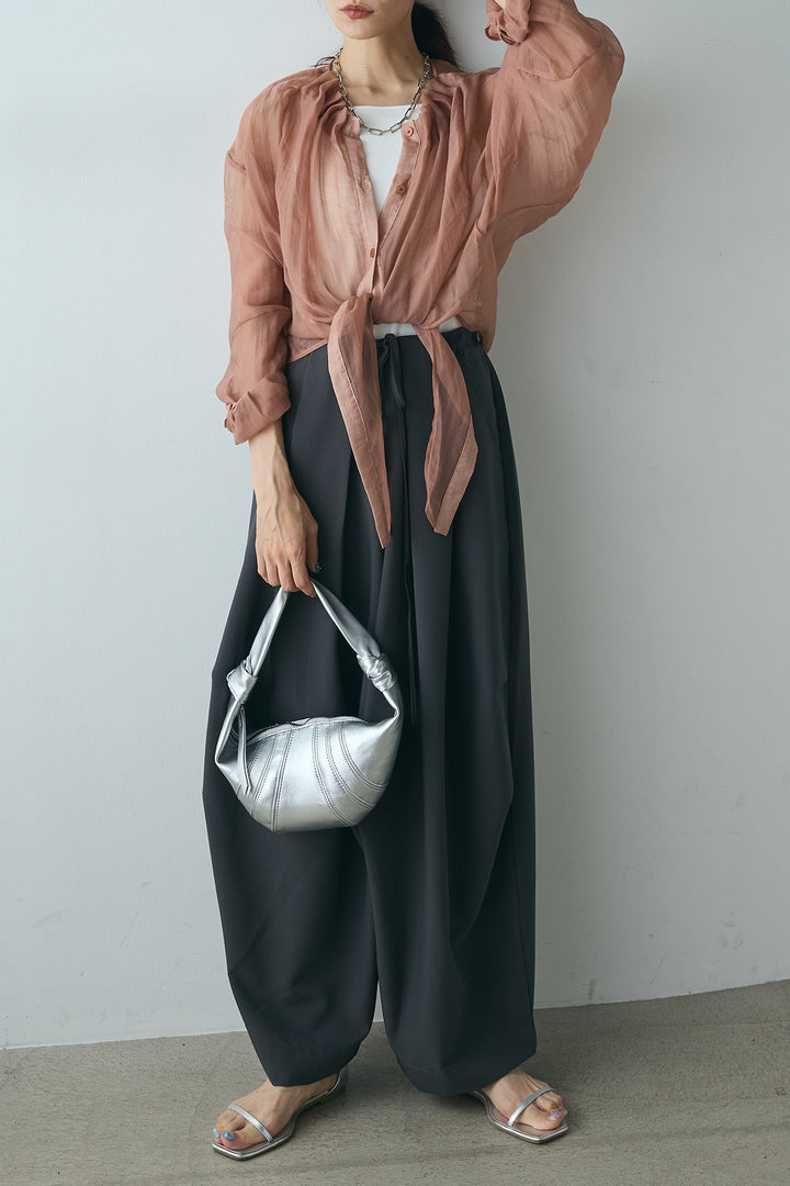 [SET]ギャザーネックウエスト巻きシアーシャツ+ランダムタック入りワイドパンツ(2set)