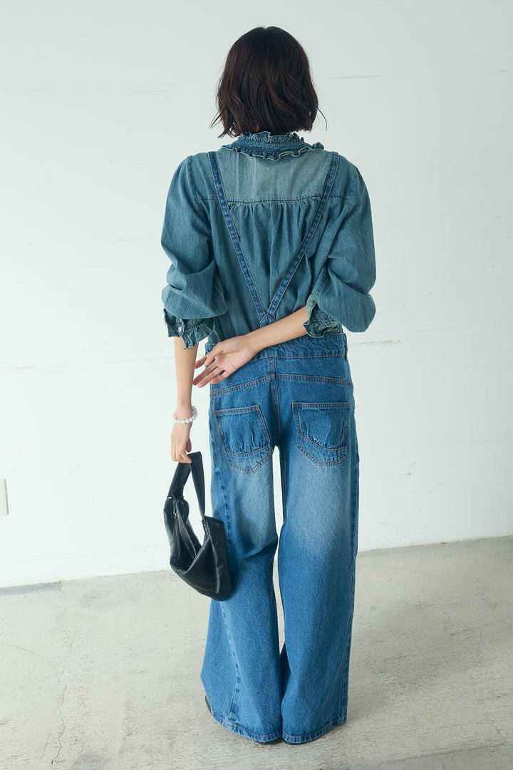 [SET]Vネックデニムフリルトップス+デニムサロペットワイドパンツ(2set)