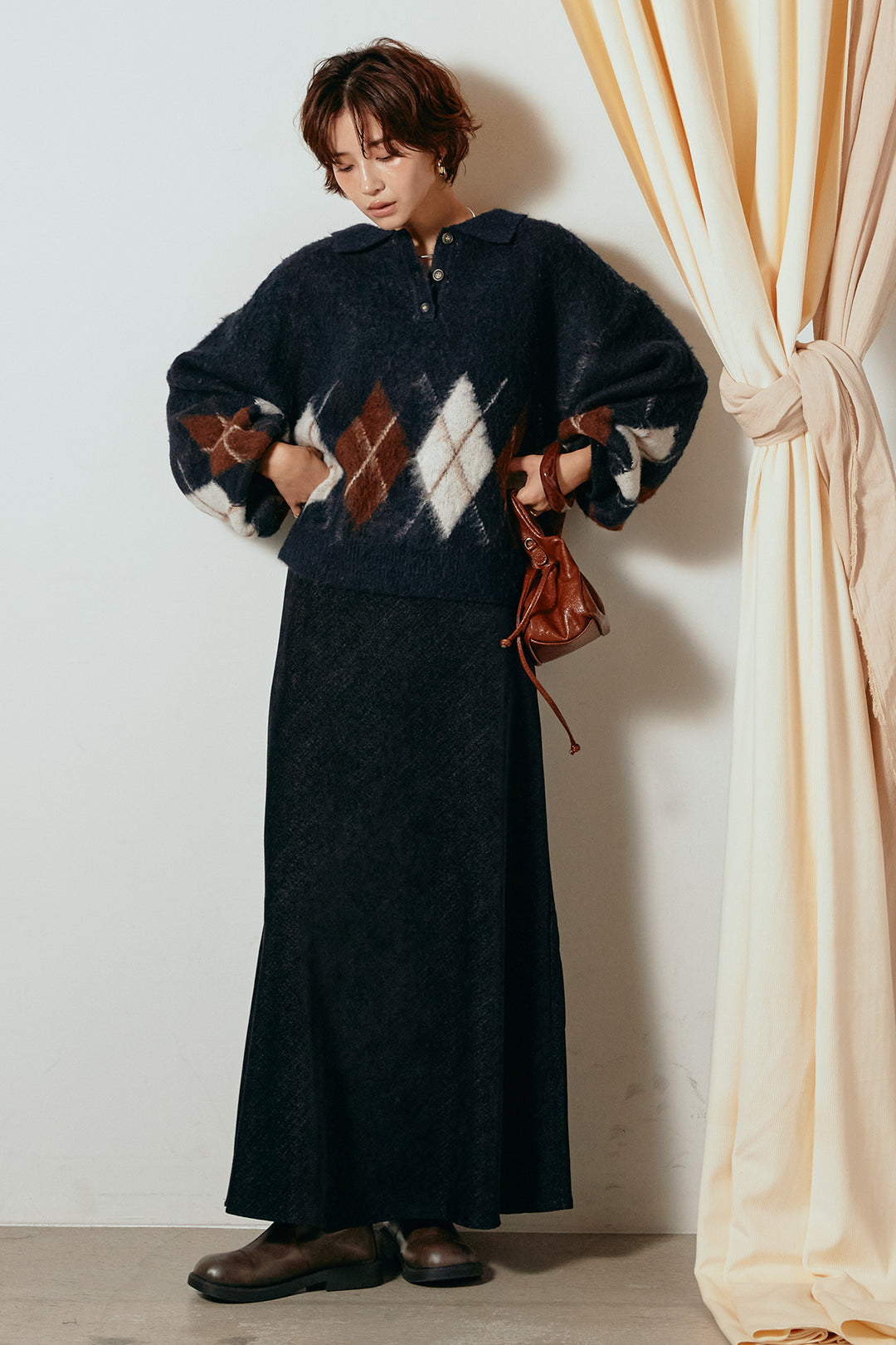 [SET]アーガイル柄ポロニットトップス+スウェードライクロングスカート(2set)