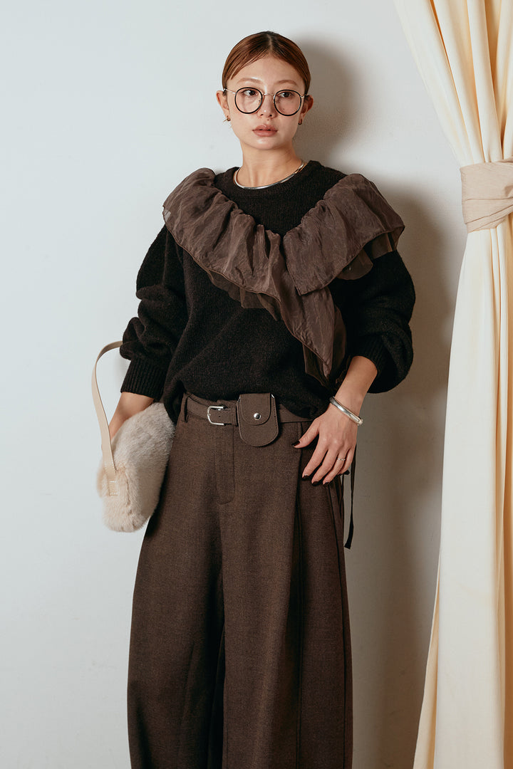 [SET]アシンメトリーフリルニットトップス+ポーチベルト付きカーブパンツ(2set)