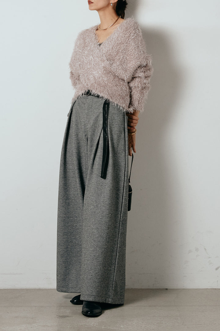 [SET]シャギークロスニットトップス+細ベルト付き起毛タックワイドパンツ(2set)