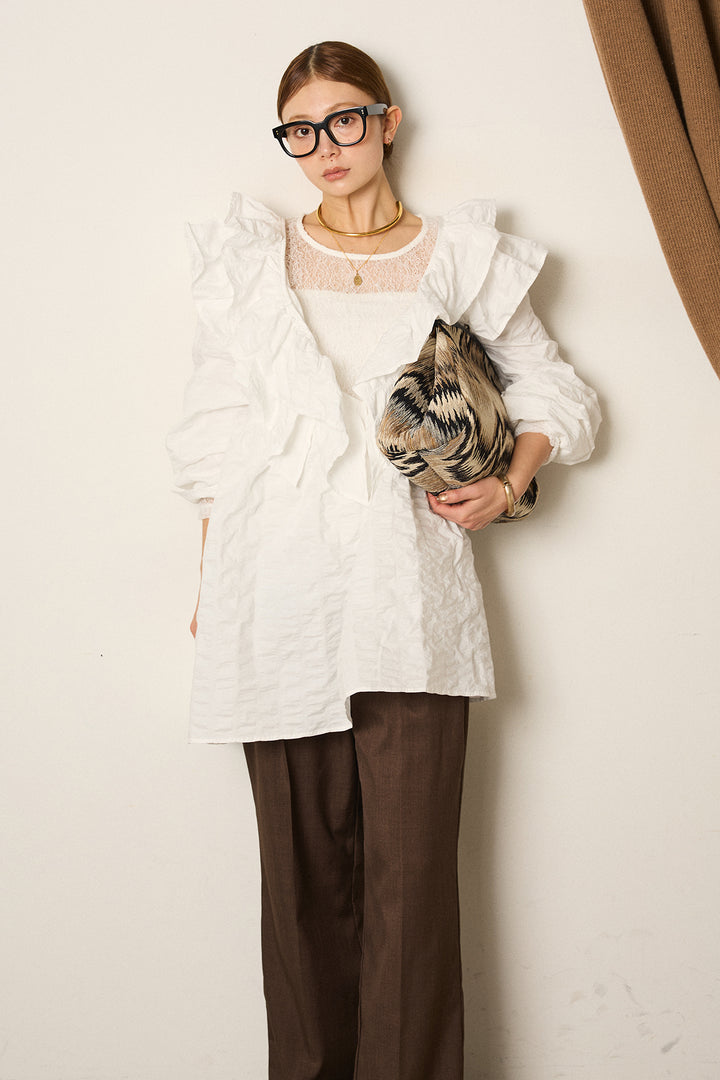 [SET]Vネックフリルカラーブラウス+ツイルスプリングカラータックパンツ(2set)