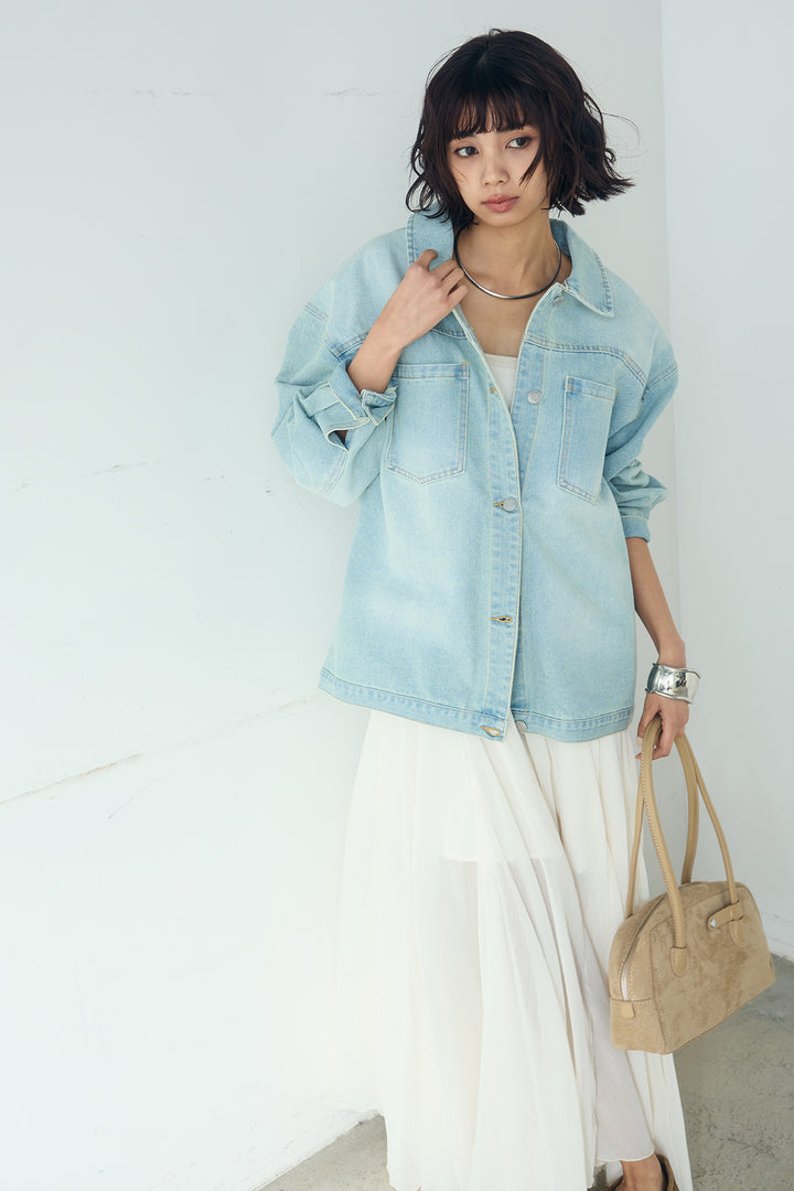 [SET]デニムオーバーサイズジャケット+シアーフリルキャミワンピース(2set)