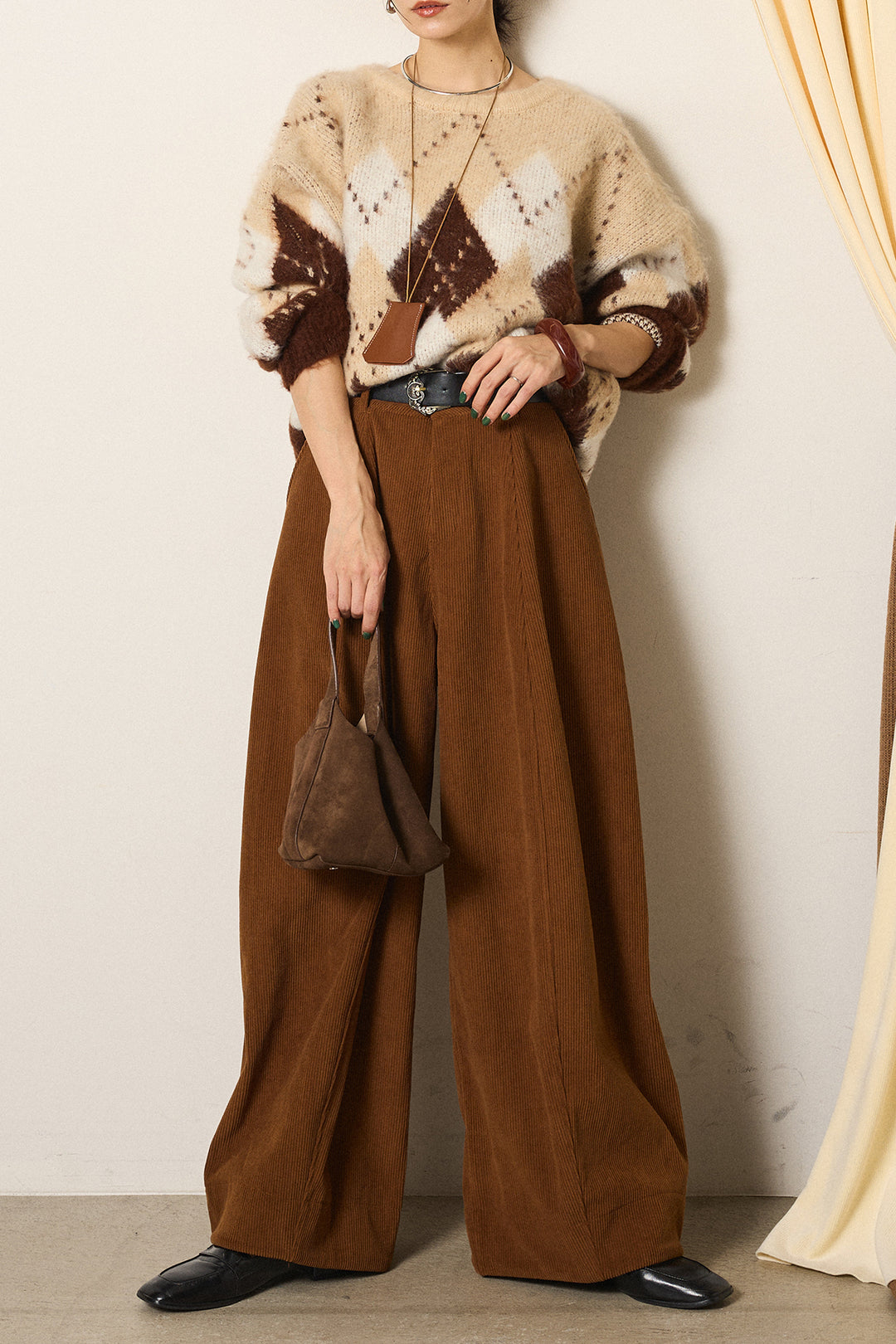 [SET]配色アーガイル柄ニットトップス+ベルト付きコーデュロイワイドパンツ(2set)