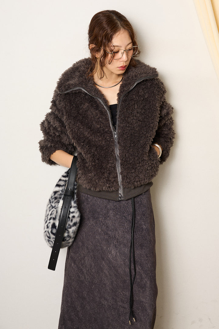 [SET]スタンドカラー裾リブボアブルゾン+ロープベルト付きスウェード調スカート(2set)